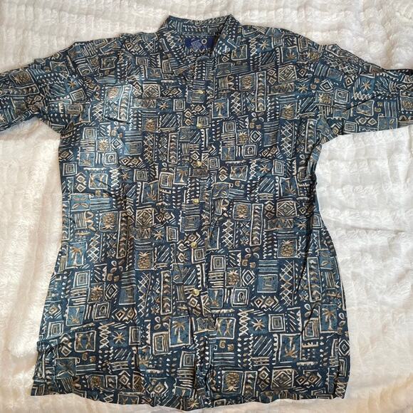 ONO Medium Hawaiian Button Up‎ Shirt Blue M Palm Cotton - Picture 1 of 3